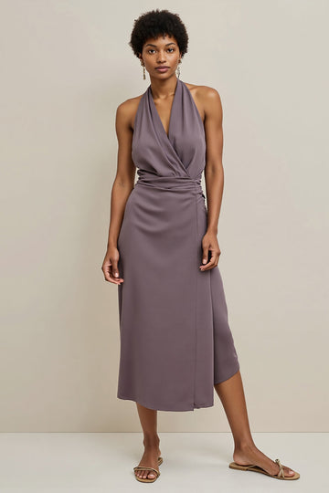 Purple Sheath Satin Halter Neck Long Work Dress